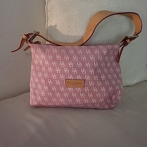 Dooney & Bourke Pink and White Small Canvas Shoulder Bag 11"W X 7"H X 2"D